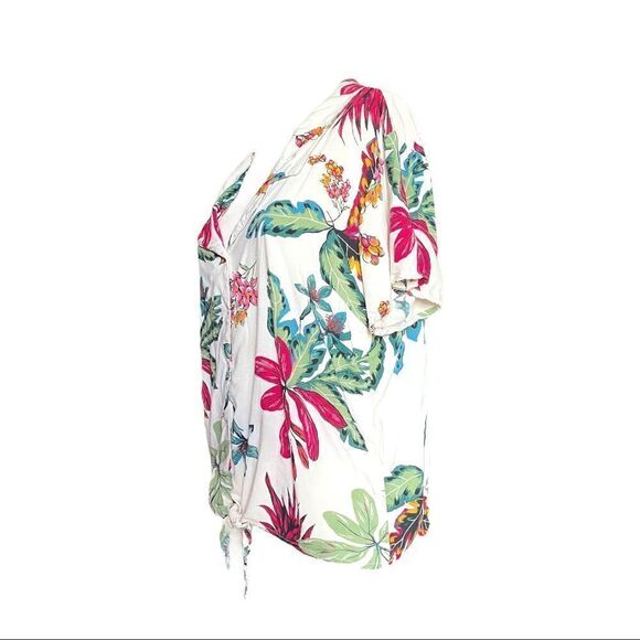 Japna Hawaiian Blouse Tie Waist White Pink Tropical Floral Short Sleeve Women S - Picture 6 of 8